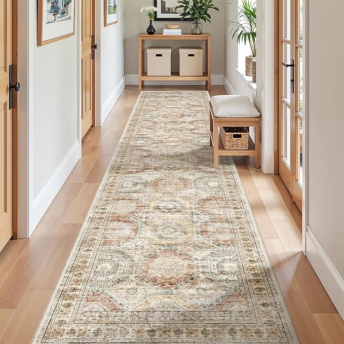 Long Bathroom Rugs Runner - Washable Runner Rugs for Hallway 2x10, Ultra-Thin Soft Kitchen Carpet Runner, Anti Slip Backing Runner Rugs for Entrance, Bedroom, Living Room(2'x10', Brown/Pink)