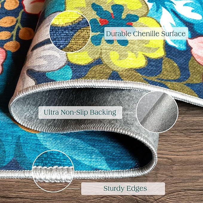 Front Door Mat Indoor Entrance - 2x4.3 Ft Floral Washable Layered Doormat Outdoor Entrance Porch Rug Non-Slip Spring Colorful Flower Runner Rug for Kitchen Bedroom Laundry Room Porch Decor