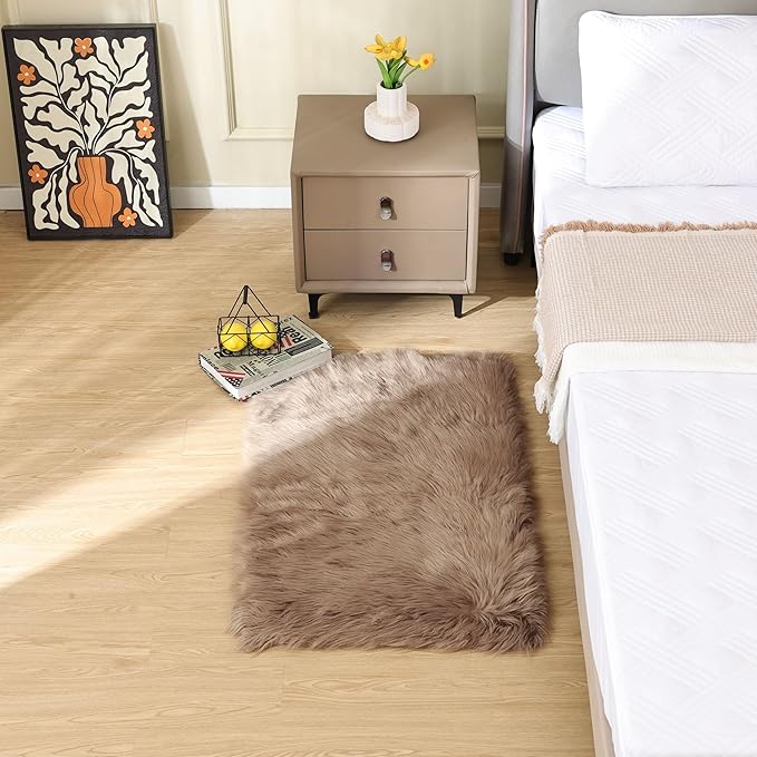 ORINOVA Beige Faux Sheepskin Fluffy Fur 2x3 Area Rugs for Bedroom Washable Shaggy Carpet Rug for Living Room Nursery Furry Rug Home Décor