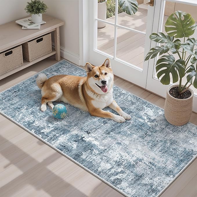 Soalmost 2x4 Washable Rugs for Kitchen, Floor, Entryway, Powder Room Small Area Rug Non-Slip Vintage Low Pile Throw Door Mat Blue/Grey