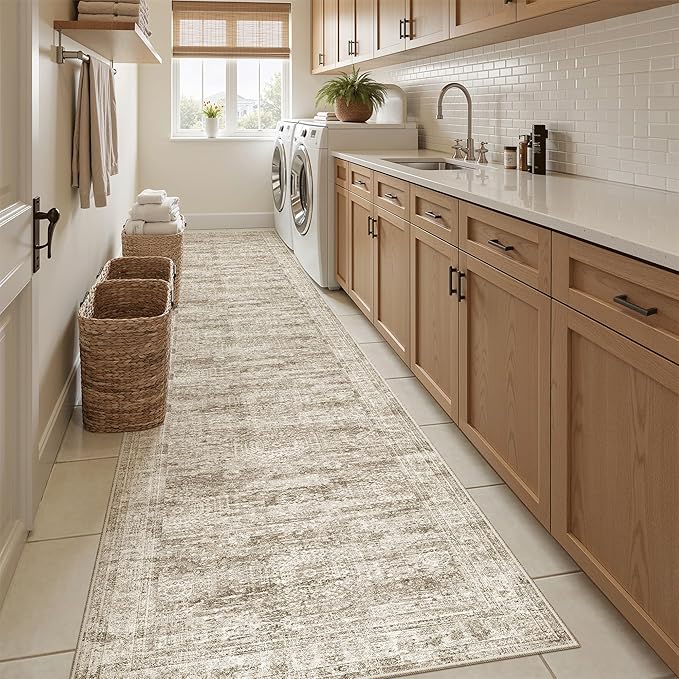 Runner Rug 2'6" x 12' Washable Non-Slip Runner Rugs for Kitchen Bathroom Laundry Room Vintage Ultra Thin Runners for Hallway Entryway Brown