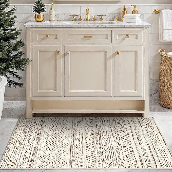 3x4 Washable Entryway Area Rug: Moroccan Small Runner Rug for Hallway Soft Modern Non Slip Door Mat with Rubber Backing Low Pile Thin Floor Carpet for Kitchen Bathroom Bedroom Indoor 3x4 Beige