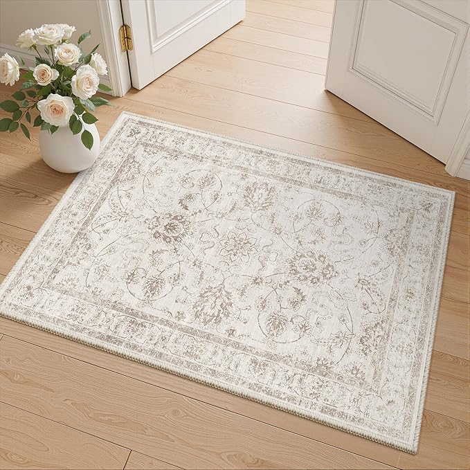 Madane 2x3 Washable Rugs for Entryway, Low Pile Non-Slip Small Area Rug Kitchen Door Mat, Vintage Soft Throw Neutral Rug Floor Mat for Indoor Front Entrance Bathroom Hallway (2 x 3, Brown/Ivory)