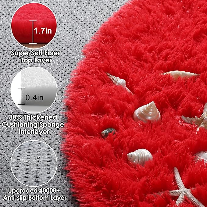 ONASAR Red Round Area Rug 4ft, Soft Bedroom Circle Rugs Floor Mat for Kids Girls Teen Room, Kawaii Fluffy Plush Shaggy Carpet for Nursery Living Room Playroom Christmas Home Decor Princess Castle