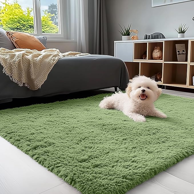 OLANLY 3x5 Machine Washable Small Bedside Rug, Soft Fluffy Shaggy Rugs for Living Room, Bedroom, Indoor Floor Carpet for Kids Girls and Boys, Preppy Dorms, Nursery, Home Decor Aesthetic, Green