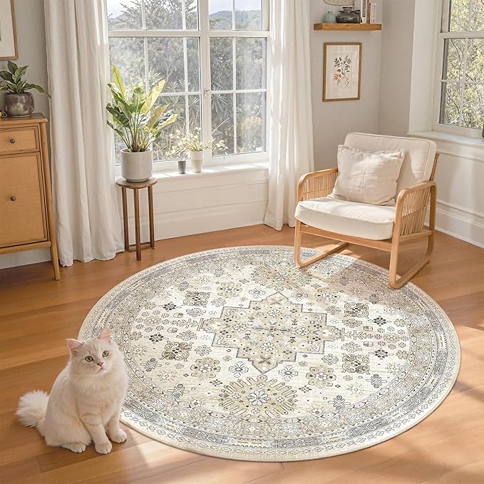 zesthome Washable Round Rug - 5ft Ultra-Thin Circle Area Rugs, Vintage Non-Slip Low Pile Rug for Living Room, Stain Resistant Rug for Bedroom, Entryway, Kitchen, Nursery