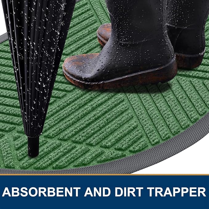Smiry Half Circle Front Door Mat Outside Entrance, Heavy Duty Sturdy Natural Rubber Doormat, Trap Dirt and Moisture, Low Profile Mats for Indoor Outdoor Entry, Irregular Triangle (47x32, Green)
