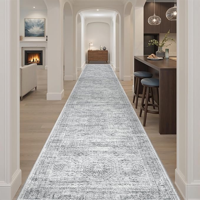 Hallway Runner Rug 3x18 - Kitchen Rugs 18ft Washable Entryway Rug Vintage Kitchen Runners Non Slip Farmhouse Indoor Carpet Runner for Living Room Bedroom, Grey