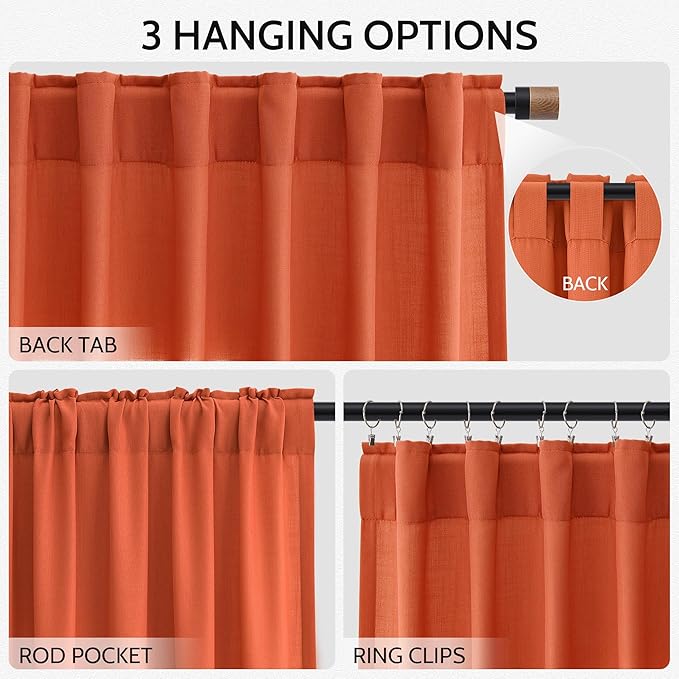 Nanspring Bright Orange Linen Blend Light Filtering Back Tab Curtains 84 Inches Long, Semi Sheer Privacy Drapes for Living Room & Bedroom Simple Style, 52x84 inch, 2 Panels