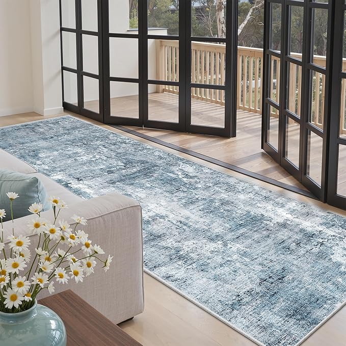 Runner Rug 3x8 Washable Non-Slip Hallway Runner Rugs for Kitchen Bathroom Laundry Room Blue/Grey Vintage Floor Carpet Runners for Hallways Entryway