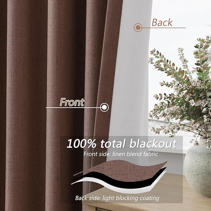 Guken 100% Blackout Curtains 96 Inch Length 2 Panels Set for Living Room Bedroom Back Tab Thermal Insulated Black Out Linen Drapes Room Darkening Cappuccino,52x96