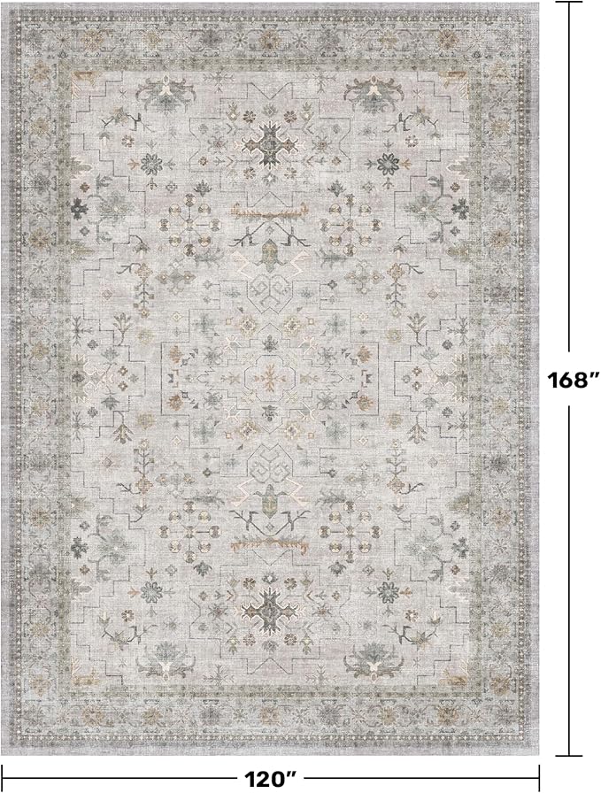 Hazo Haus Boho Light Grey Living Room Rug 10x14 - Modern Vintage Eclectic Floral Pastel Neutral Taupe, Washable Low Pile Non-Slip Extra Large Area Rugs for Dining Under Table Bedroom Lounge