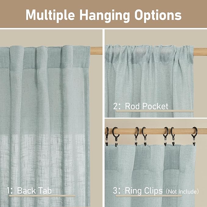 LAMIT Light Filtering Linen Curtains 45 Inch Length 2 Panels, Semi Sheer Window Panels Back Tab and Rod Pocket Neutral Drapes for Bathroom/Kitchen/Loft Room, Greyish Blue, 34 x 45 Inch