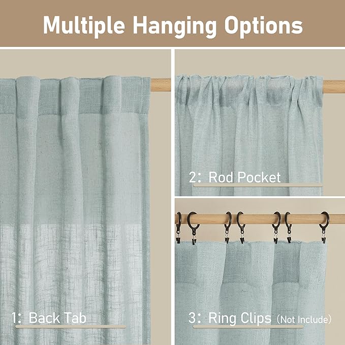 LAMIT Light Filtering Linen Curtains 24 Inch Length 2 Panels, Semi Sheer Window Panels Back Tab and Rod Pocket Neutral Drapes for Bathroom/Kitchen/Loft Room, Greyish Blue, 34 x 24 Inch