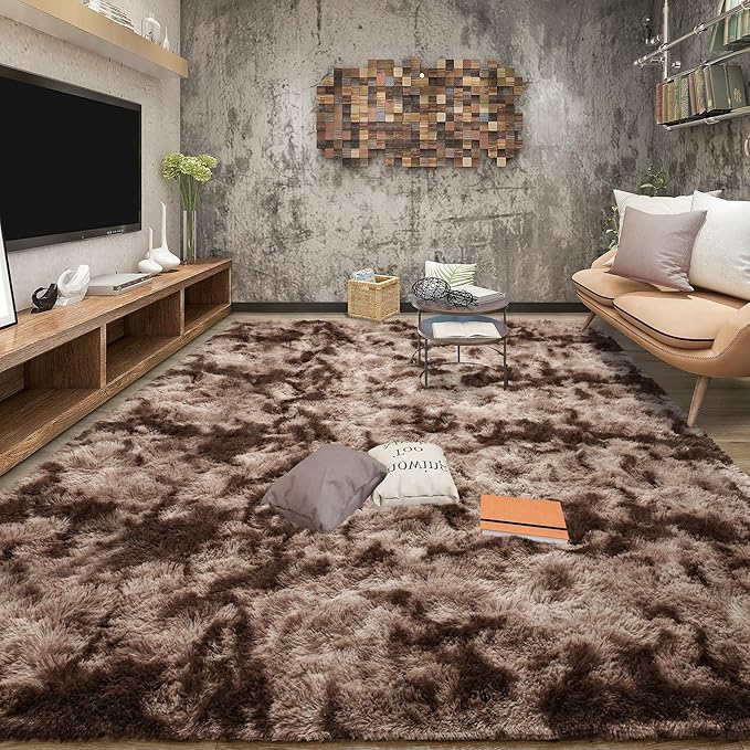 Tepook Fluffy Large Rugs for Living Room, Area Rug 6x9 Soft Carpet for Bedroom, Modern Shaggy Rug for Kids Boys Girls, Plush Indoor Nursery Home Decor Rug with Non-Slip Bottom, Tie-Dyed Coffee