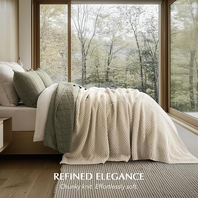 EVERGRACEHOME Chunky Chenille Knit Throw Blanket for Couch, Soft Luxurious Oversized King Moss Stitch Blanket for Bed, Large Cozy Farmhouse Knitted Throw for Sofa, Beige, 92" x 108"