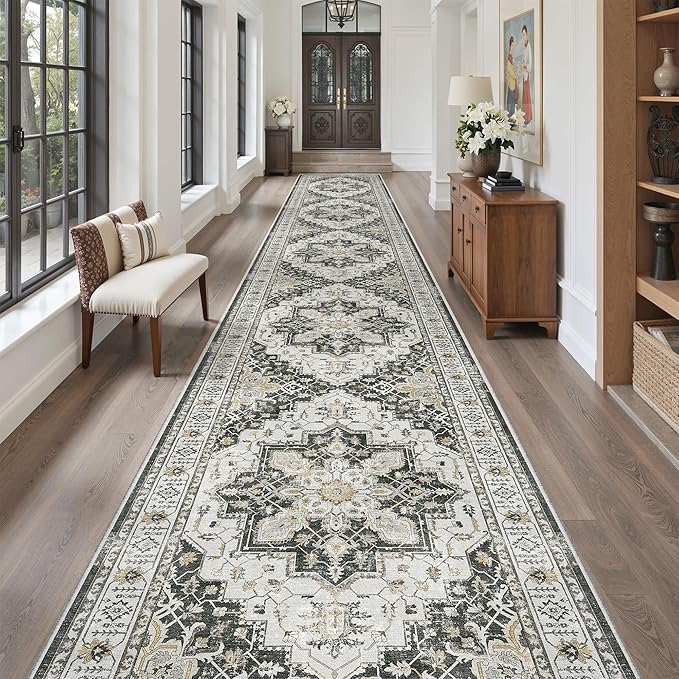 Madane Hallway Runner Rug 3x18 - Kitchen Rugs 18ft Washable Entryway Rug Vintage Kitchen Runners Non Slip Indoor Area Rug Farmhouse Carpet Runner for Bathroom Living Room Bedroom, Black