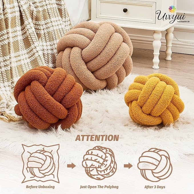 Uvvyui Knot Pillow Ball, Soft Home Decorative Pillows, Round Throw Pillow, Handmade Knotted Plush Pillow, Round Boucle Pillow Cushion (14 Inches Khaki)