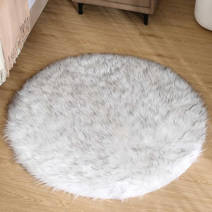 Goolela Round Fluffy Rug 3ft White with Grey Tips Circle Faux Sheepskin Fur Rug for Bedroom Living Room Fuzzy Furry Small Décor Washable