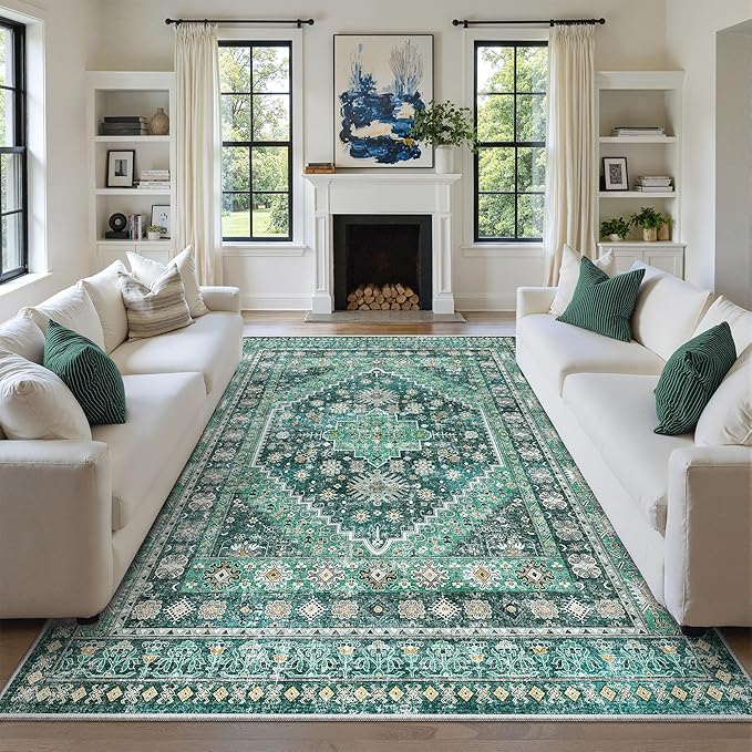 zesthome 8x10 Area Rugs for Living Room,Non-Slip Backing Washable Rugs,Vintage Large Area Rug，Stain Resistant Home Decor Rug(Green/Teal,8'x10')