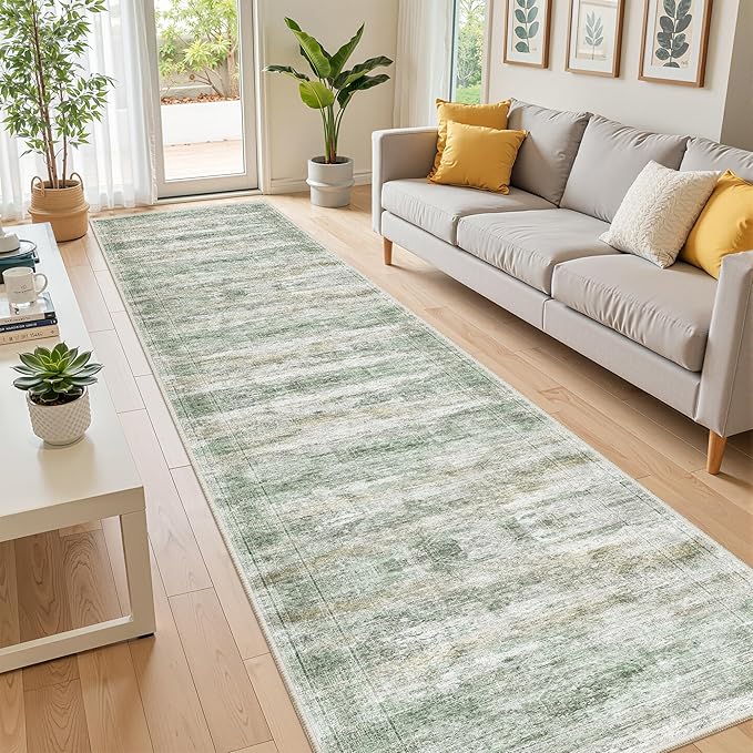 Long Hallway Runner Rug- Carpet Runners for Hallway 12ft, Anti Slip Backing Washable Rug Runner for Entrance, Living Room, Soft Low Pile Modern Rug Runner(2'x12', Green/Yellow/Ivory)