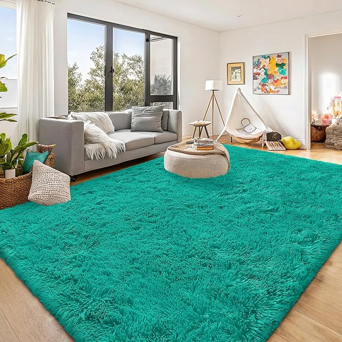 OLANLY 8x10 Machine Washable Large Area Rugs for Living Room, Bedroom, Soft Fluffy Shaggy Bedside Rug, Indoor Floor Carpet for Kids Girls and Boys, Dorms, Nursery, Home Decor Aesthetic, Teal Green