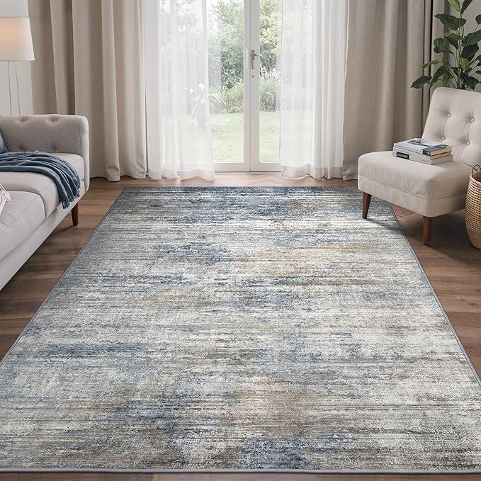 BEIMO Area Rugs 6x9 for Living Room Bedroom, Modern Abstract Machine Washable Rug, Large Soft Low Pile Floor Carpet with Non Slip Backing for Dining Room, Denim Blue/Taupe