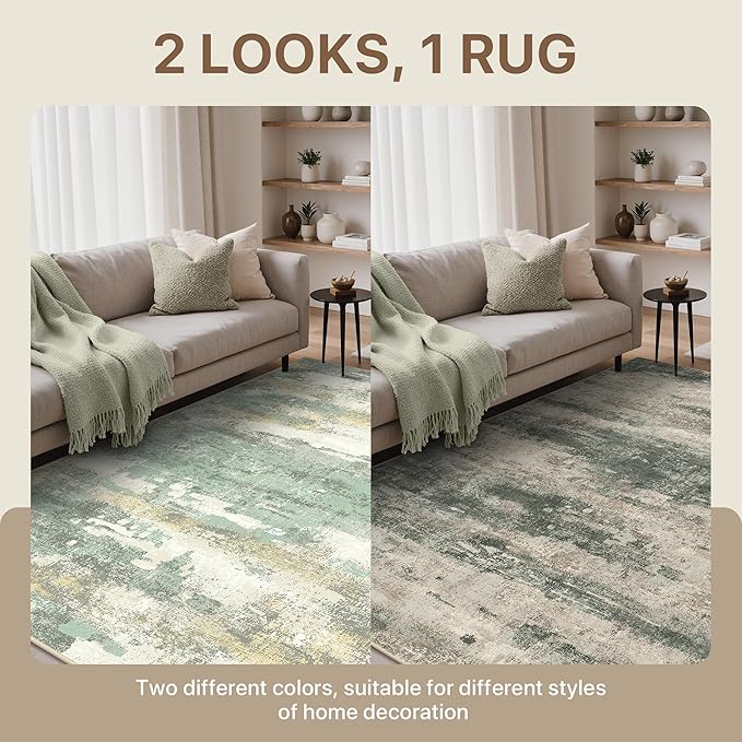 BEIMO Reversible 6x9 Area Rugs for Living Room, Modern Abstract Dual-Sided Carpet, Machine Washable Soft Low Pile Rug for Bedroom Dining Room, Includes Non-Slip Rug Pad, Green & Grey