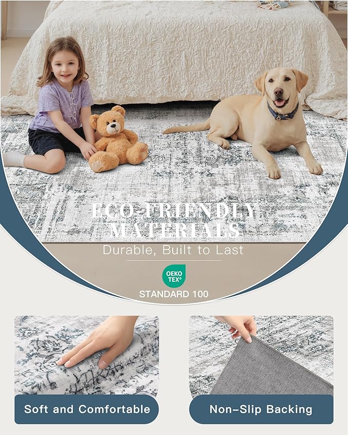 Madane 5x7 Area Rugs Washable Rug: Vintage Living Room Rug with Non-Slip Backing Low Pile Rugs Soft Indoor Floor Thin Carpet Non Shedding Carpets for Bedroom Dining Room Farmhouse Blue/Grey
