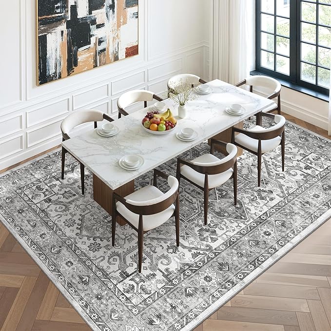 zesthome 8x10 Area Rugs for Living Room,Non-Slip Backing Washable Rugs,Vintage Large Area Rug，Stain Resistant Home Decor Rug (Grey/White,8'x10')