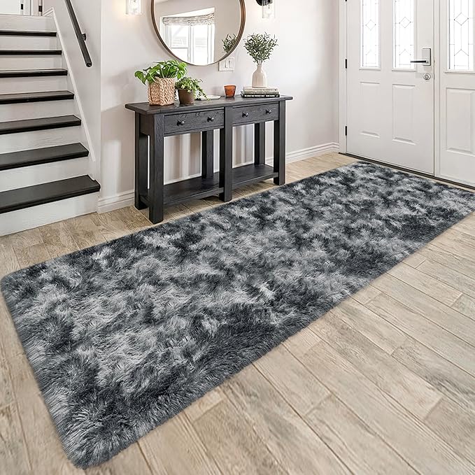 Tie-Dyed Dark Grey 3x10 Machine Washable Runner Rugs for Hallway Soft Fluffy Shaggy Bedside Rugs for Bedroom Living Room Indoor Floor Carpet for Kids Girls and Boys Nursery Rooms Home Decor Aesthetic