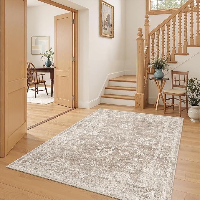 Madane Washable Area Rug 4x6, Low Pile Stain Resistant Vintage Area Rugs, Non Slip Accent Rug Floral Print Indoor Mat for Entryway Living Room Kitchen Bedroom, Brown/Sand