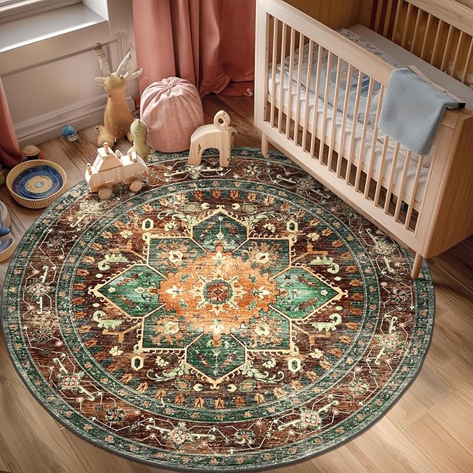 Yamaziot 6FT Round Washable Area Rug, Non-Slip Boho Circle Rugs with Rubber Backing, Low Pile Faux Wool Soft Distressed Floor Carpet for Nursery Living Room Home Office