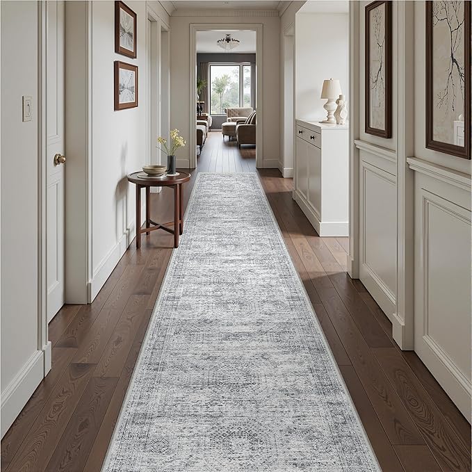 Washable Runner Rug 2.5x14, Non-Slip Long Hallway Runner for Entryway, Soft Vintage Kitchen Mats for Floor, Abstract Dining Room, Bedroom, Living Room Rugs(2.5'x14', Grey/Ivory)