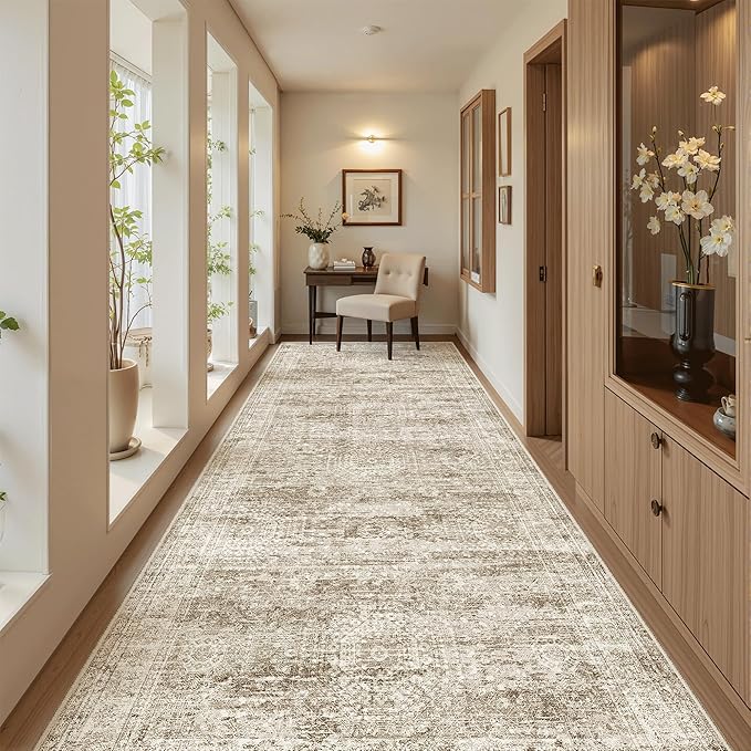 4x10 Wide Hallway Runner Rug: Washable Soft Rug Runners for Living Room Bedroom Ktichen, Stain Resistant Low Pile Area Rugs Non Slip Floor Carpet (Brown, 4x10)