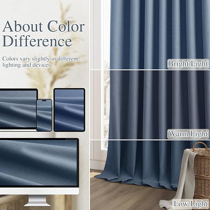Guken 100% Blackout Curtains 96 Inch Length 2 Panels Set for Living Room Bedroom Back Tab Thermal Insulated Black Out Linen Drapes Room Darkening Window Curtains 96 Inches Long,Denim Blue
