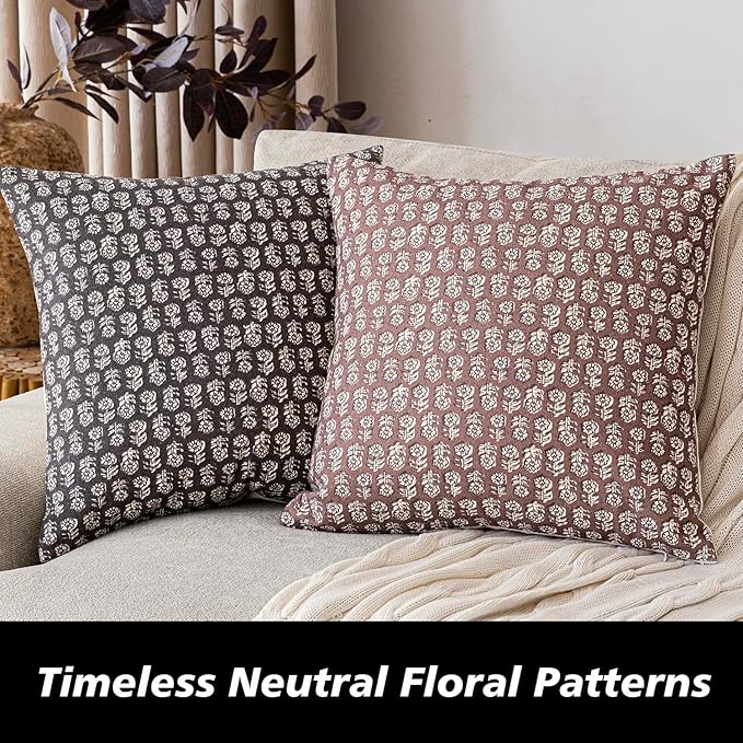 Foindtower Set of 2 Decorative Vintage Floral Print Throw Pillow Covers Neutral Modern Farmhouse Cushion Covers Boho Home Decor for Sofa Chair Couch Bedroom Living Room,18×18 Inch,Wine Red