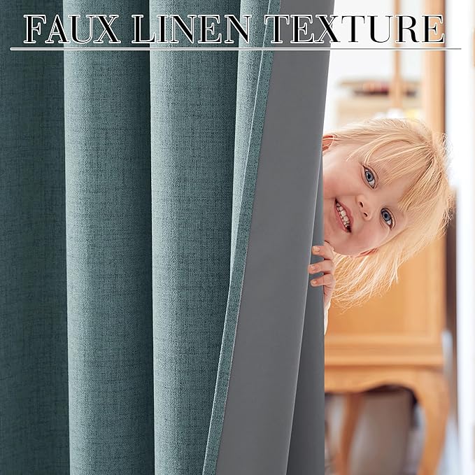 RYB HOME 100% Blackout Linen Textured Curtains 90 inches Long, Thermal Insulating Privacy Energy Saving for Bedroom Living Room Window Office Theater Baby Nursery, W 52 x L 90 in, Misty Blue, 2 Pcs