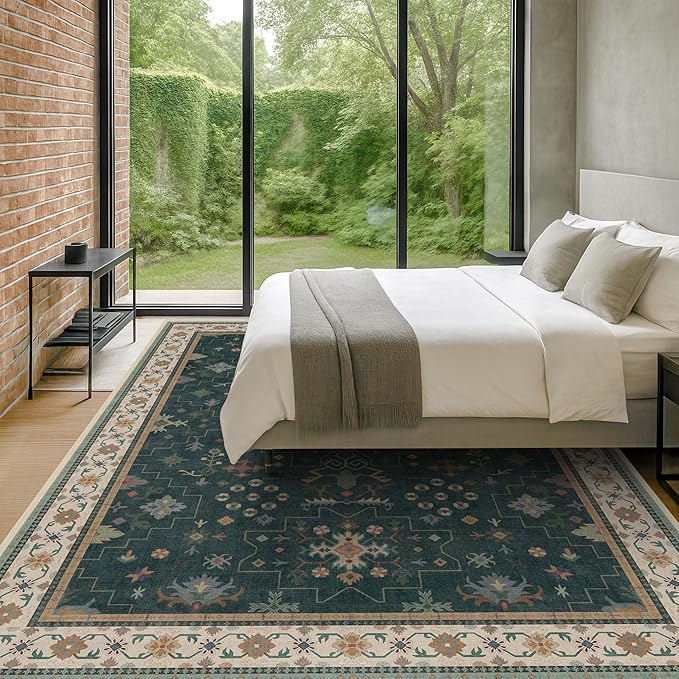 Hazo Haus Dark Green Oushak Living Room Rug 10x14 - Modern Vintage Boho Eclectic Floral Pastel, Washable Low Pile Non-Slip Extra Large Area Rugs for Dining Under Table Bedroom Lounge
