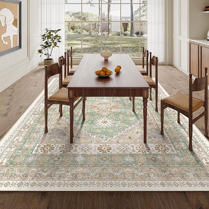 zesthome 6x9 Area Rug, Super Soft Washable Rugs for Living Room, Non-Slip Stain Resistant Vintage Rugs, Ultra-Thin Large Area Rugs (Green/Brown,6'x9')