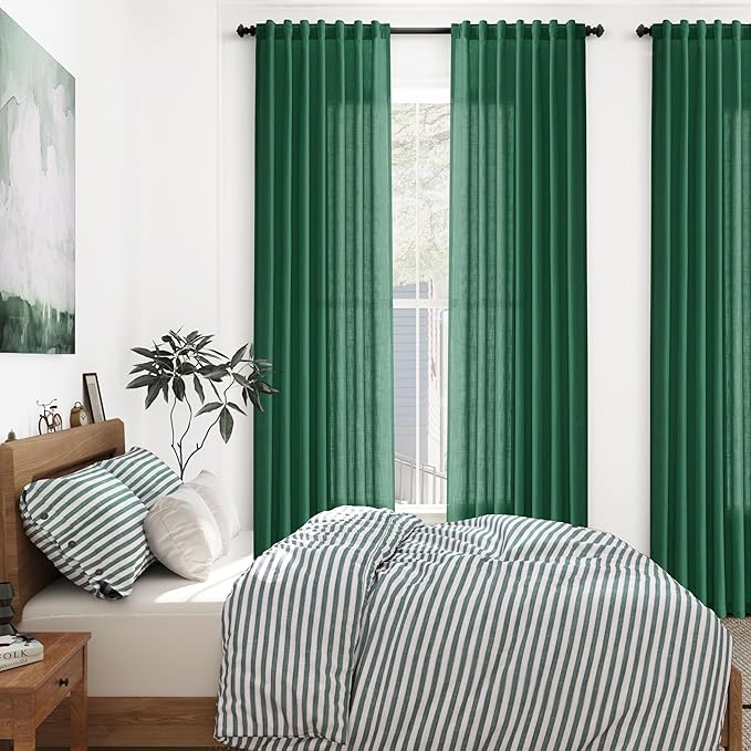 Dark Green Linen Curtains 102 Inches Long Rod Pocket Back Tab Drapes 2 Panels Set for Living Room Sheer Light Filtering Sheer Emerald Green Curtain 102 Length for Patio Sliding Glass Door 52x102