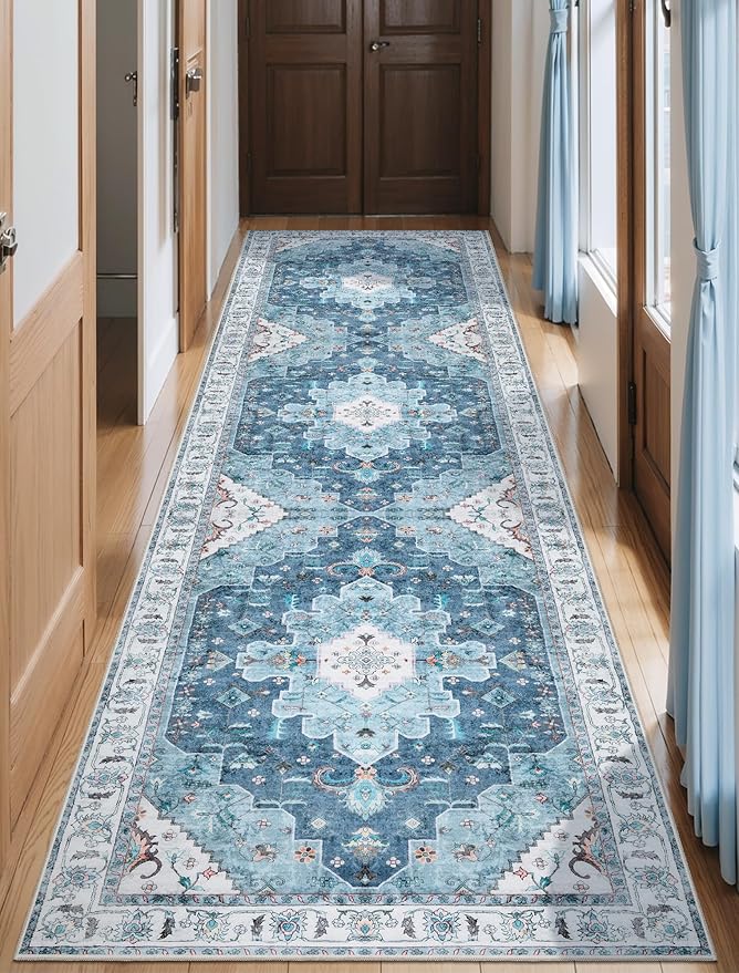SERISSA Boho Washable Runner Rug, 2'6"x10' Long Non-Slip Vintage Blue Hallway Kitchen Stair Runner Rug Ultra Soft Print Distressed Floor Carpet for Bedroom Bathroom Laundry Room