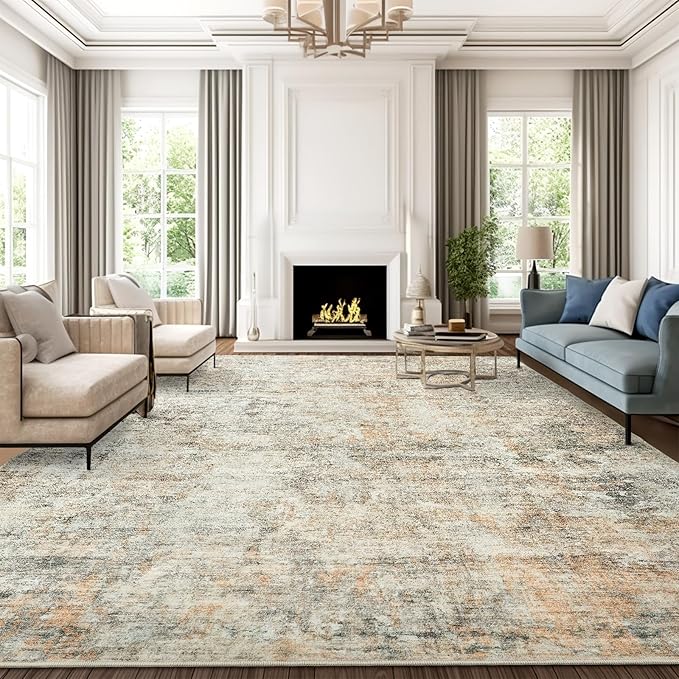 9x12 Area Rugs for Living Room, Non-Slip Machine Washable Vintage Rugs, Abstract Low Pile Lightweight Large Rug for Bedroom, Dining Room, Home Office Orange