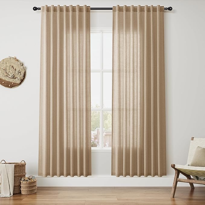 Sand Beige Linen Curtains 80 Inch Length for Living Room Simple Modern Light Filtering Semi Sheer Curtain Back Tab Rustic Farmhouse Luxury Home Decor Drapes for Bedroom Dinner Room 52x80, 2 Panels