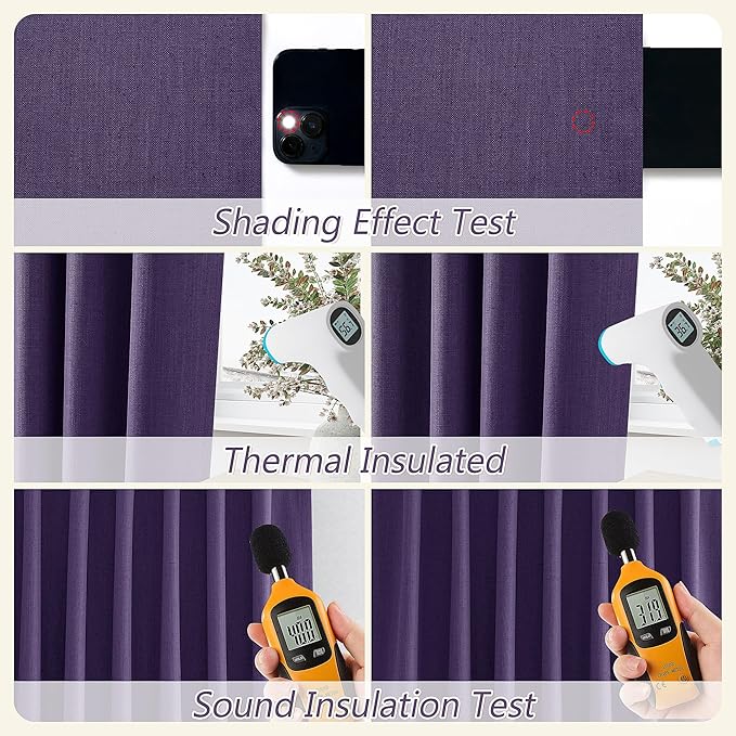 Guken 100% Blackout Curtains 90 Inch Length 2 Panels Set for Living Room Bedroom Back Tab Thermal Insulated Black Out Linen Drapes Room Darkening New Purple,52x90