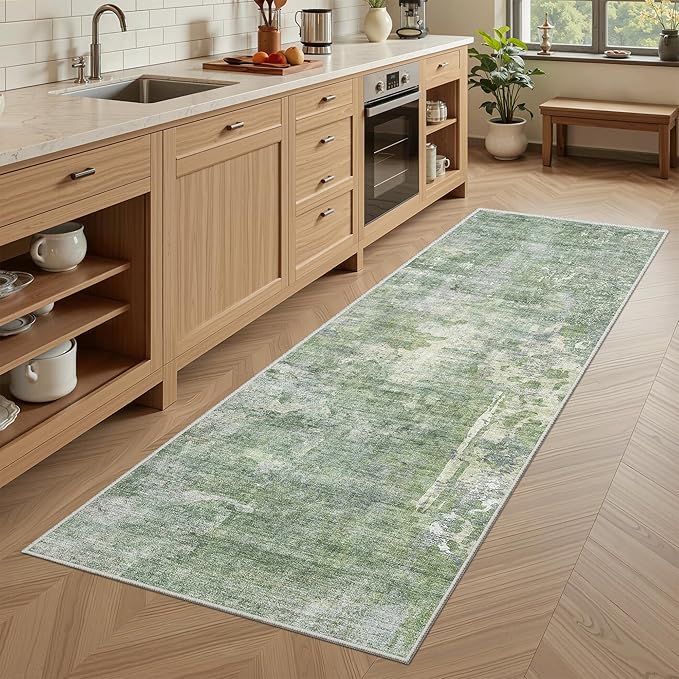 Runner Rug 2x6 Washable Non-Slip Kitchen Runner Rugs for Bathroom Laundry Room Green/Ivory Vintage Floor Carpet Runners for Hallway Entryway