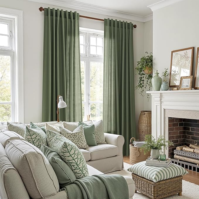 Nanspring Forest Green Linen Curtains 63 Inch Length for Living Room Light Filtering Semi Sheer Curtain Back Tab and Rod Pocket Wabi Sabi Boho Decor Luxury Drapes for Bedroom Office 52x63, 2 Panels