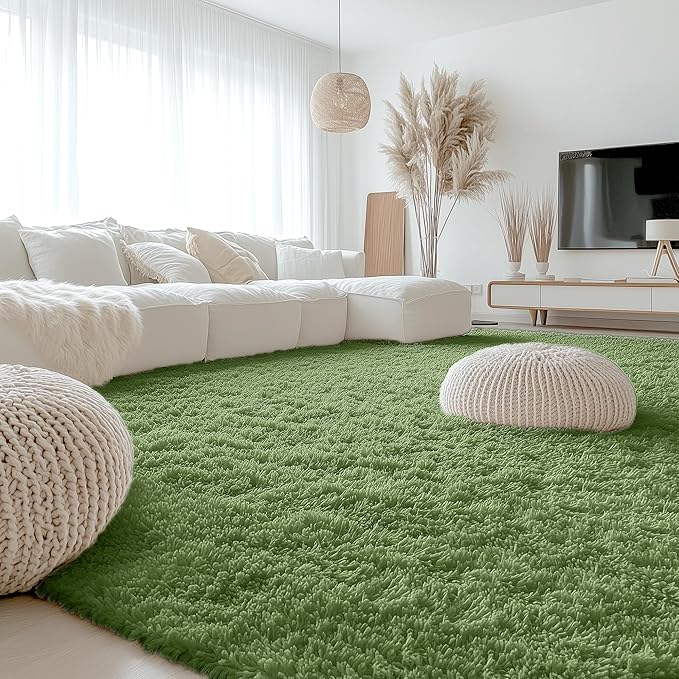OLANLY 9x12 Machine Washable Large Area Rugs for Living Room, Bedroom, Soft Fluffy Shaggy Bedside Rug, Indoor Floor Carpet for Kids Girls and Boys, Dorms, Nursery, Home Decor Aesthetic, Green