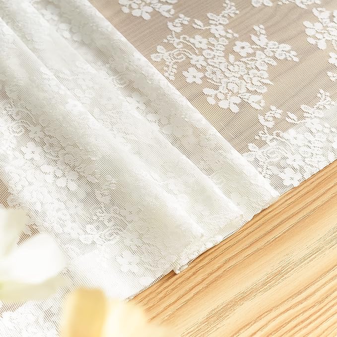 YJ YANJUN Vintage Lace Curtains 63 Inches Length- Elegant Victorian Floral Ivory Sheer Curtain Panels for Living Room Bedroom Kitchen, Scalloped Edges Rod Pocket, 2 Panels 52W x 63L Cream