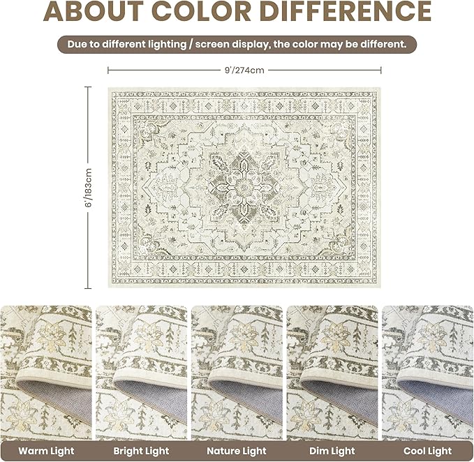 zesthome Washable Rug 6x9 Area Rugs,Stain Resistant Rugs for Living Room,Bedroom,Non-Slip Backing Home Decor Rug, Vintage Medallion Pattern Rugs (Beige,6'x9')